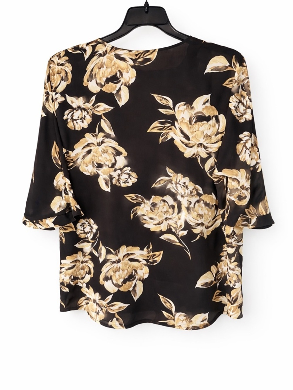 Plus Size 18/20W Black Floral Blouse Gold Beige Flowy Button Front Top - Picture 3 of 11